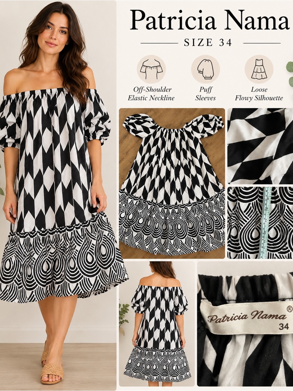 Patricia Nama dress geometric pattern designer black white mini babydoll